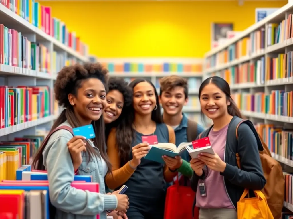 A group of students happily using their virtual cards to purchase school supplies at a bookstore, showcasing the convenience and ease of use.
