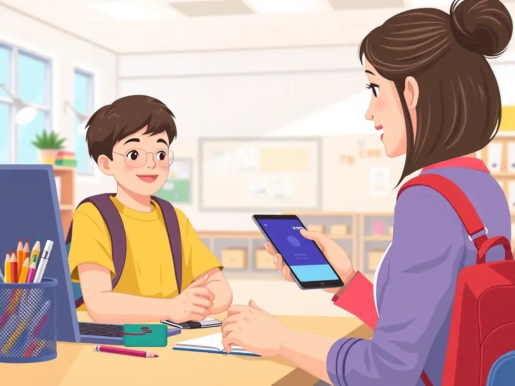 A digital illustration of a student using a virtual card to purchase school supplies online, with a teacher monitoring the transaction on a tablet. The scene emphasizes ease of use and transparency in school procurement.