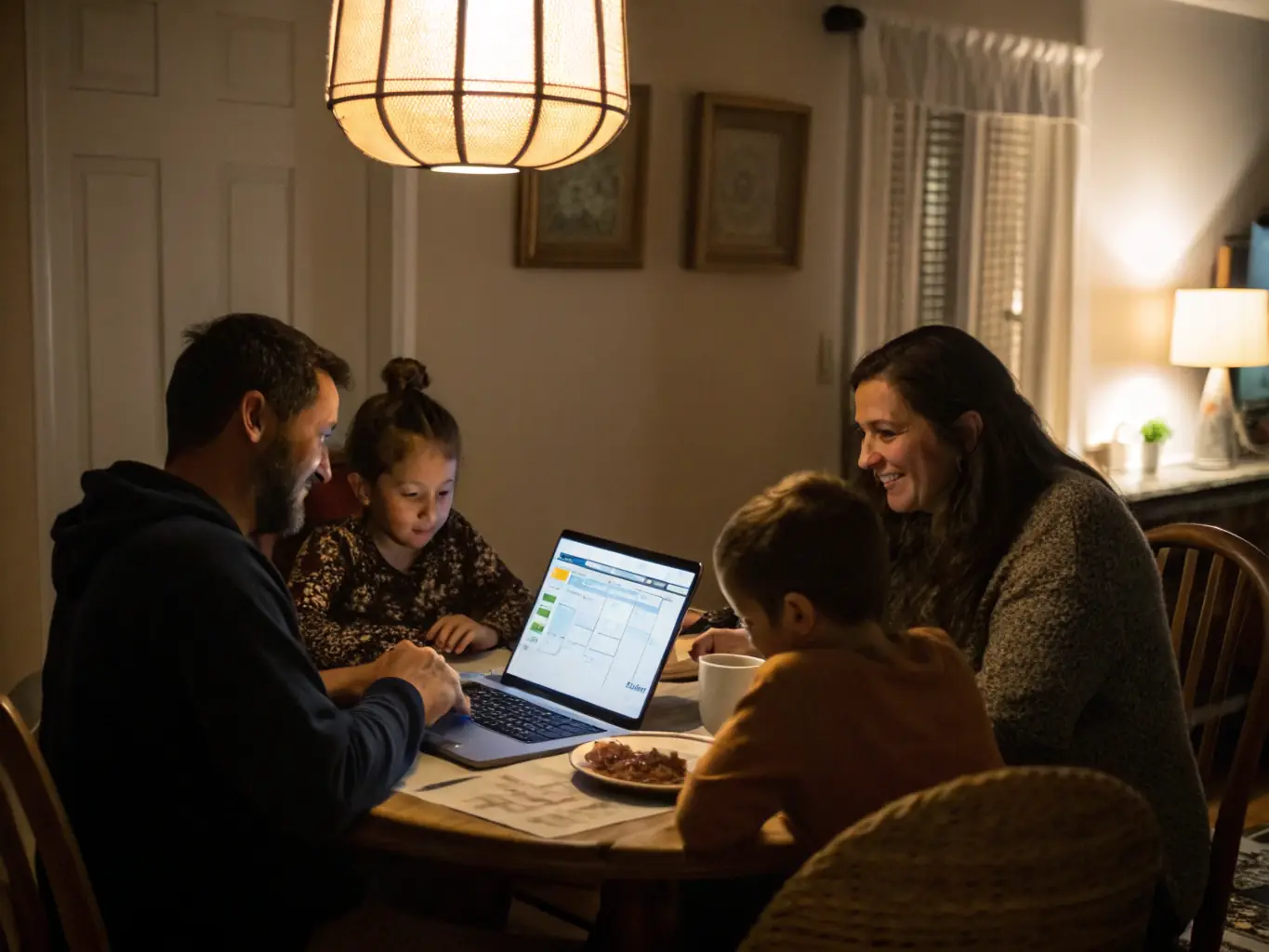 A parent and child sitting at a table, reviewing a budget together using a printed guide from IcsCards One.
