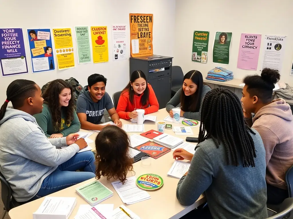 A diverse group of students participating in a workshop on responsible spending, facilitated by an IcsCards One representative.