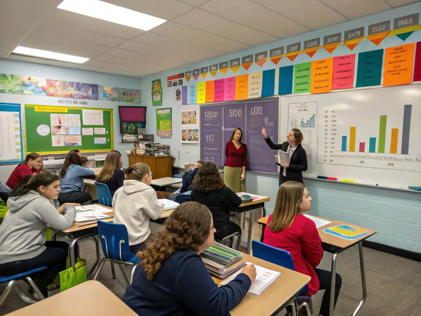 A brightly lit classroom with students engaged in a financial literacy lesson, using IcsCards One virtual cards to simulate real-world transactions.
