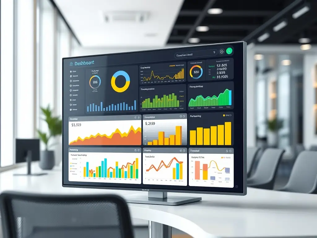 A digital dashboard displaying financial management tools, with graphs and charts representing budget allocation and spending trends, set against a modern office background.